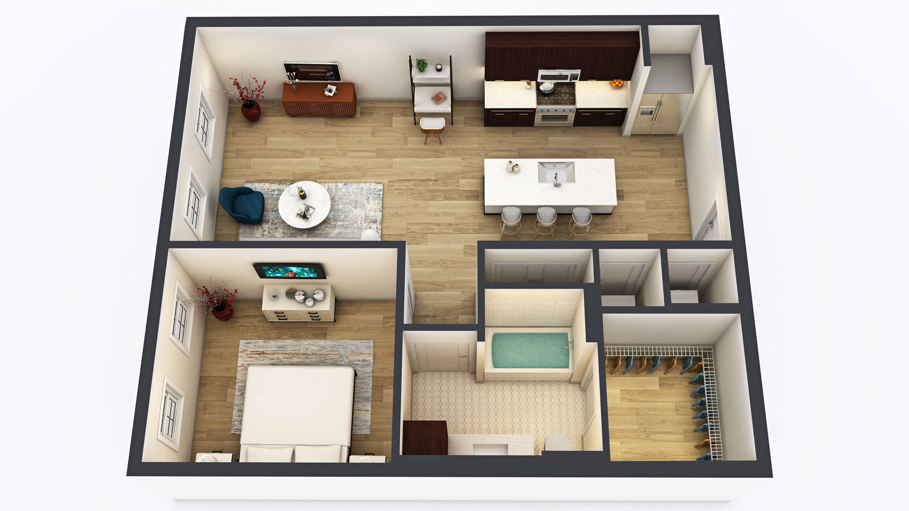 Floor plan for 1 bed, 1 bath, 748 sqft